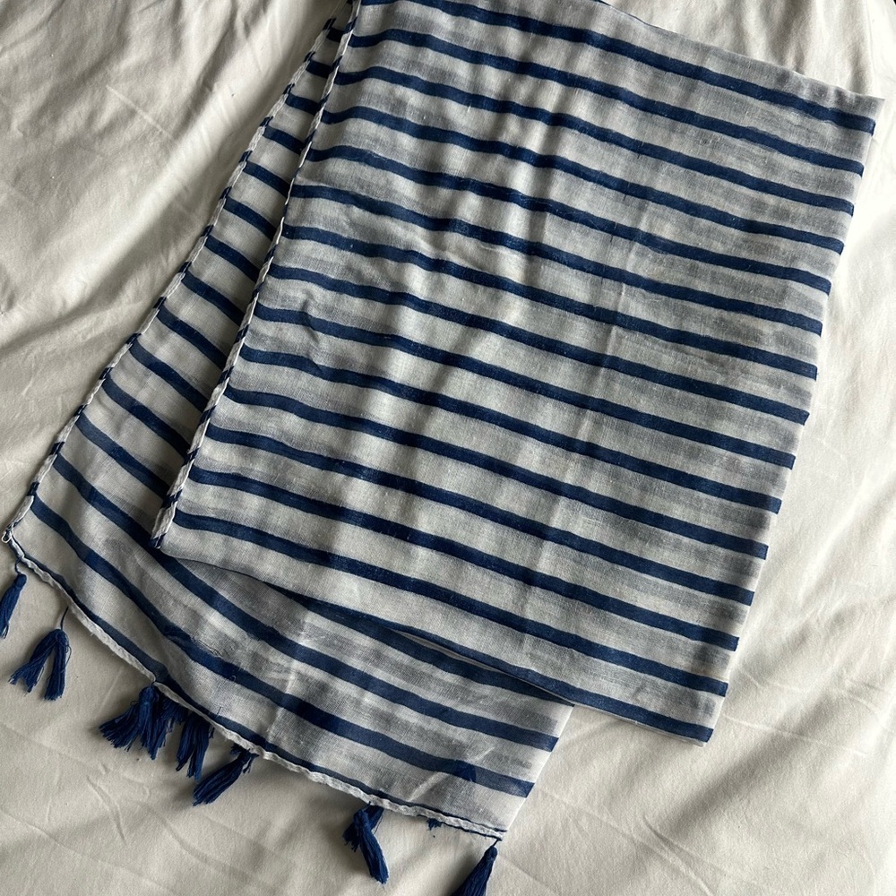 Blue and White Striped Beach Sarong with Tassels